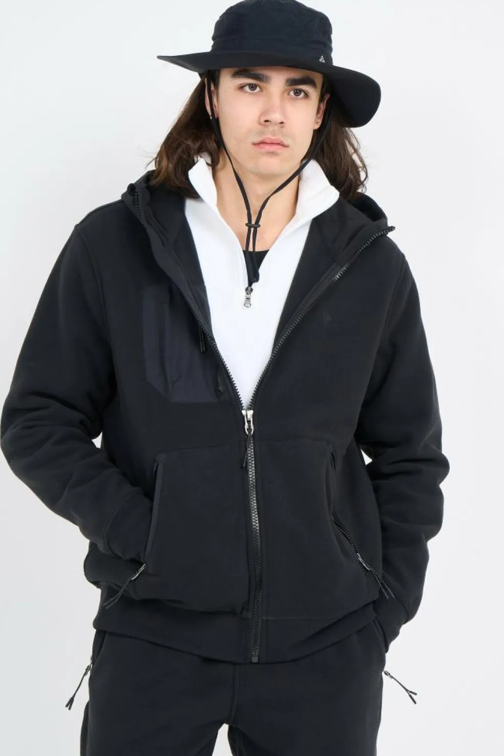 Brushed Fleece Hybrid Hooded Jacket - Polaire | Noir